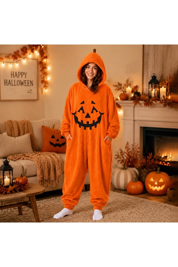 Multi Pumpkin Face Graphic Loungewear, Classic Jack-O-Lantern Print Plush Onesie Jumpsuit, Full Body Coral Fleece Halloween Unisex Costume With 3D Stem Hood,Pumpkin Face Graphic Sleep Suit, Ginger M