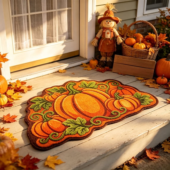 Multi Pumpkin Vine Tufted Polyester Doormat, Harvest Leaf Pattern Non Slip Floor Mat, Decorative Entryway Rug For Front Door Indoor Outdoor Fall Thanksgiving Layout,28"x18"