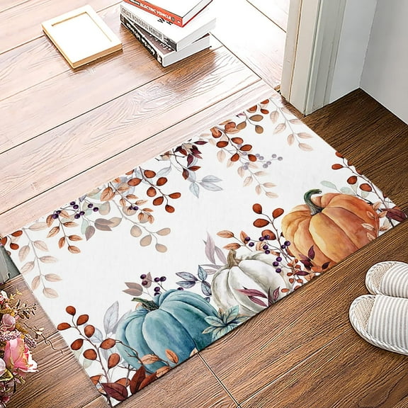 Multi Pumpkins Doormat Kitchen Bathroom Rug Floor Door Mat Washable Welcome Entry Way Entrance Mat Absorbent Hallway Accent Throw Runner Carpet Chic Eucalyptus Leaves Fall Teal Pumpkins 18"x30"