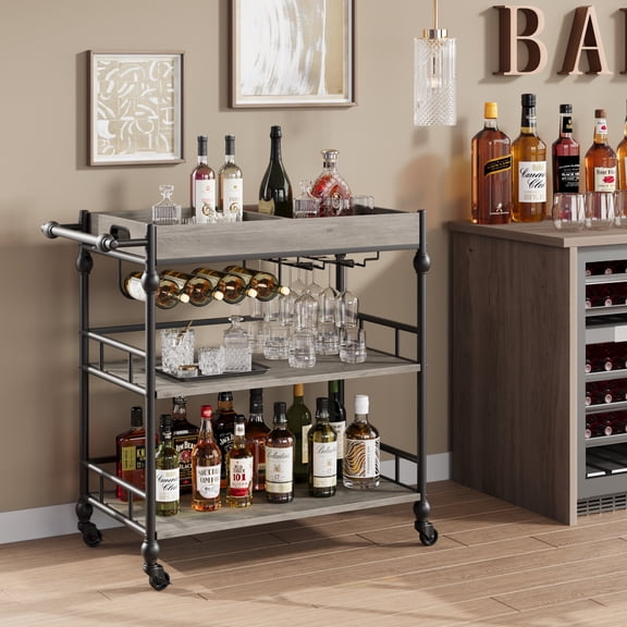 Multi-Purpose 3-Tier Bar Cart with Wheels, Metal Rolling Beverage Trolley, Wine Rack, Glass Holder, Removable Tray & Storage Shelves  Kitchen, Dining, Living Room  Grey