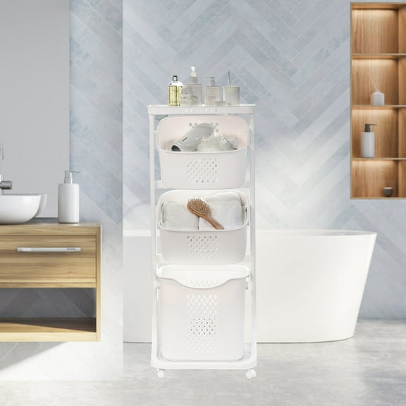 Multi Purpose 3 Tier Laundry Sorter Basket Sorter Trolley Cart Storage Shelf with Wheels Removable Mobile Washing Clothes Bin Hamper Hollow Design Move Freely White