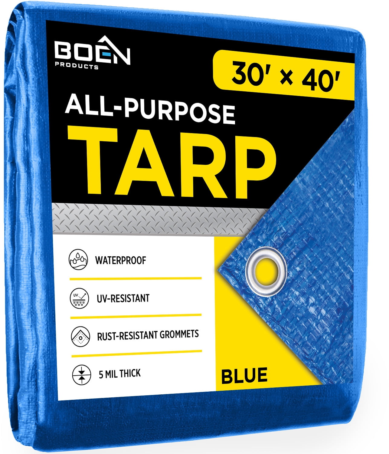 Multi-Purpose 30' x 40' Blue Poly Tarp Cover Heavy Duty 5 Mil Thick Weave Material, Waterproof, Great for Tarpaulin Canopy Tent, Boat, RV or Pool Cover and More (Finished Size 28.10" X 39.6")
