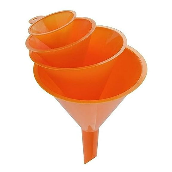 Multi Purpose 4 Piece Plastic Orange Funnel Set for Transferring Liquids to Bottles, Cans and Containers