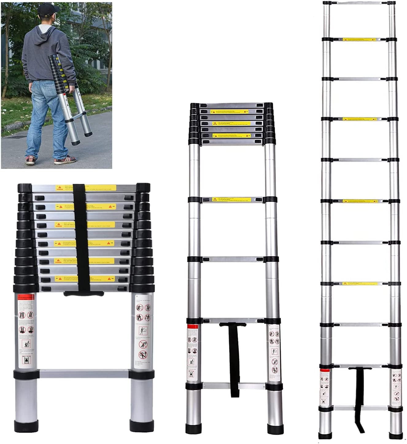Telescoping Ladder, 12 FT Aluminum Telescopic Ladder Extension Collapsible Ladder For RV, Multi-Purpose Folding Ladder Roof Ladder Attic Ladder, Heavy Duty 330lbs Max Capacity Outdoor Work Ladder