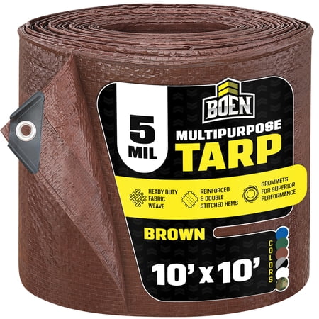 BOEN Multi-Purpose Tarp, 10 ft x 10 ft, 5 Mil Thick, Brown, Water-Resistant