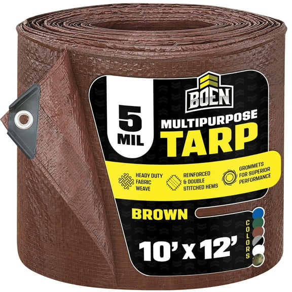 BOEN Multi-Purpose Tarp, 10 ft x 12 ft, 5 Mil Thick, Brown, Water-Resistant