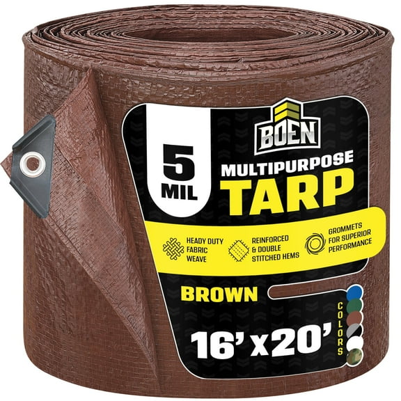 Boen Brown Large Multi-Purpose Tarp 16 ft x 20 ft, 5 Mil Thick, Rust-Proof Grommets Every 36 in, Water-Resistant and Tear-Resistant