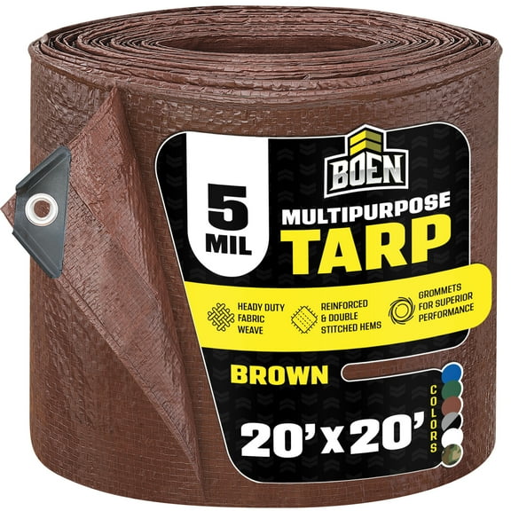 BOEN Multi-Purpose Tarp, 20 ft x 20 ft, 5 Mil Thick, Brown, Water-Resistant