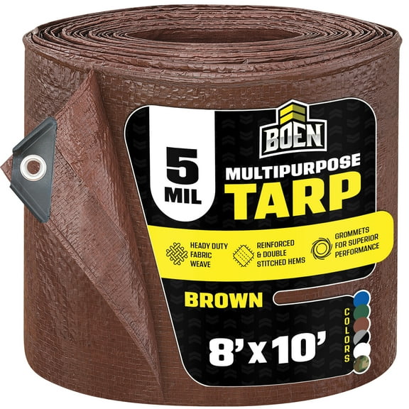 BOEN Multi-Purpose Tarp, 8 ft x 10 ft, 5 Mil Thick, Brown, Water-Resistant
