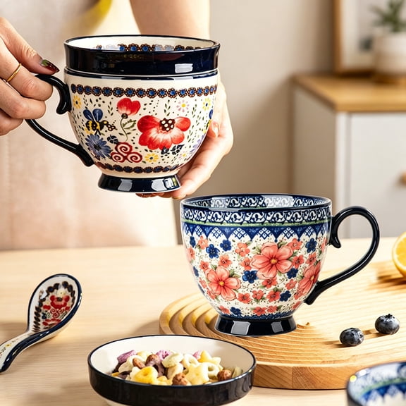 Multi-Purpose Ceramic Meal Mug Set with Matching Tray & Spoon, Microwave & Dishwasher Safe Wide Thick Handle Cup, Dual-Use Coffee Soup Cereal Container for Breakfast Sandwich and Bread