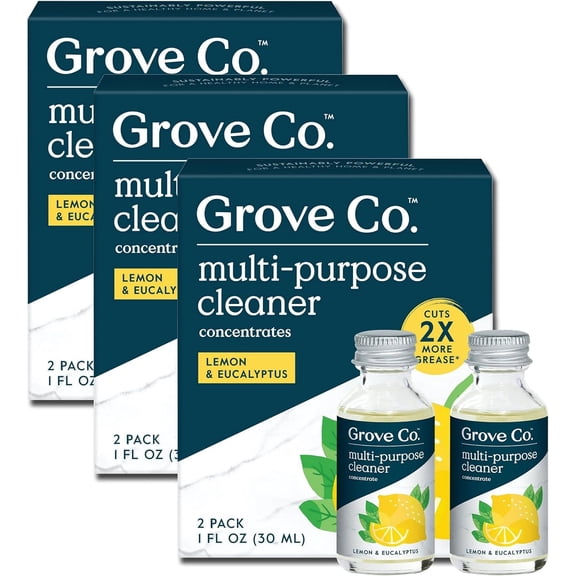Multi-Purpose Cleaner, Refill Concentrate (6 x 1 Fl Oz) Plant-based Household Cleaning Supplies, Ammonia & Chlorine Free, No Plastic Waste, Lemon & Eucalyptus Scent, Total 3 x 2 Pack Refills