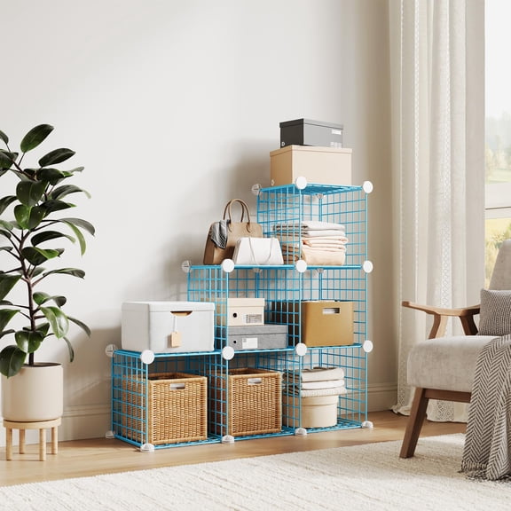 Multi Purpose Cube Modular Wire Storage Organizer-Metal Grid Closet Shelf Unit with Premium Accessories Easy Assembly Blue