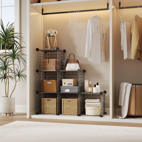 Multi Purpose Cube Modular Wire Storage Organizer-Metal Grid Closet Shelf Unit with Premium Accessories Easy Assembly Gray
