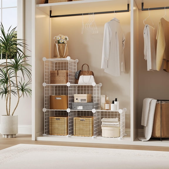Multi Purpose Cube Modular Wire Storage Organizer-Metal Grid Closet Shelf Unit with Premium Accessories Easy Assembly White
