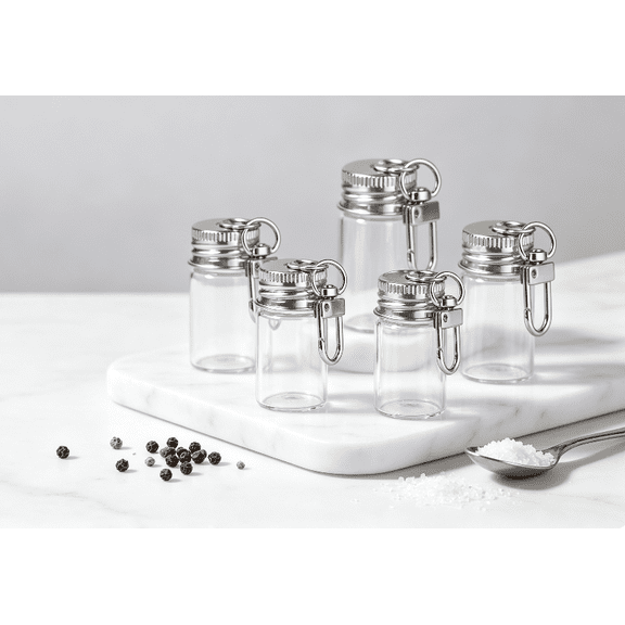 Multi-Purpose Decorative Hanging Glass Bottle Pendant Small Glass Jar with Carabiner Clip, Shatter Resistant Airtight Mini Vial for Kitchen Pantry Storage & Home Rustic Wall Decor15pc
