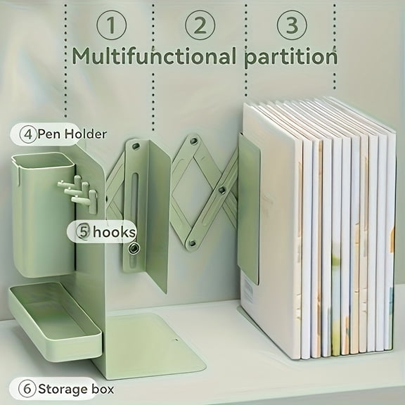 Multi-Purpose Extendable Book Stand Set with Pen Holder, Storage Box & Hooks  Foldable Desktop Organizer with Reinforced Metal Partitions for Space-Saving Book Storage