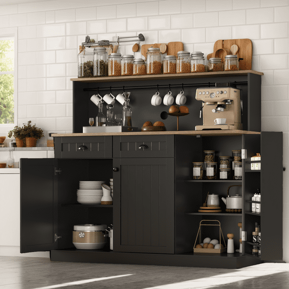 Multi-Purpose Farmhouse Coffee Bar Cabinet, Sideboard Buffet Pantry with 2 Drawers, 3 Doors & Adjustable Inner Shelves, Storage Cupboard for Kitchen Dining Room, Black