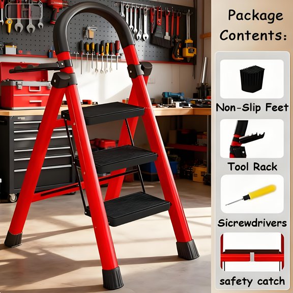 Multi-Purpose Foldable Thickened Carbon Steel Household Ladder Non-Slip Portable Easy to Move Three/Four/Five Step Ladder Step Stool Stable Red