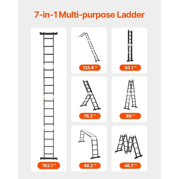 Multi-Purpose Folding Ladder,7-in-1 Tall Extension Step Ladder,A Frame 4 Step with Scaffolding Plank Telescoping Ladder,15.5ft Reach Height Heavy Duty ,330 lbs Capacity for Home Outdoor