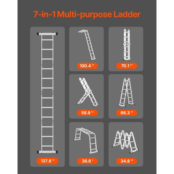 Multi-Purpose Folding Ladder,7-in-1 Tall Step Ladder,A Frame 3 Step Adjustable Telescoping Ladder,12ft Reach Height Heavy Duty Extension Ladder,330 lbs Capacity for Household Outdoor Work