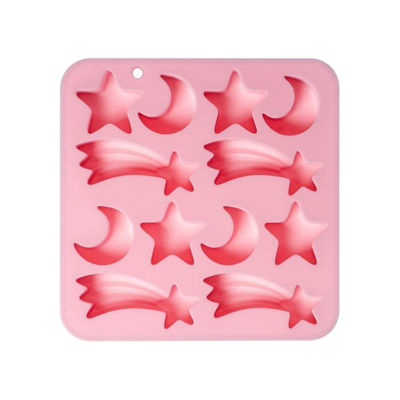 Multi Purpose Food Grade Silicone 12 Cavity Star Moon Meteor Cake Mold for Chocolate Ice Cube Resin Craft Pink 7x6 Inch