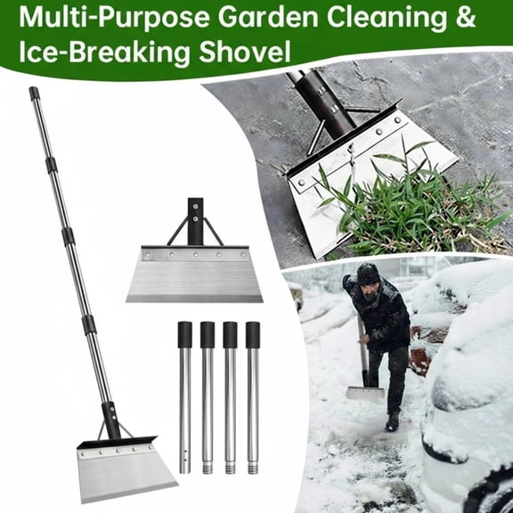 Multi-Purpose Garden Shovel & Snow Scraper - Extendable Ice Breaking Shovel for Weeds, Car Snow Removal, Heavy Duty Metal Blade (Silver & Black)