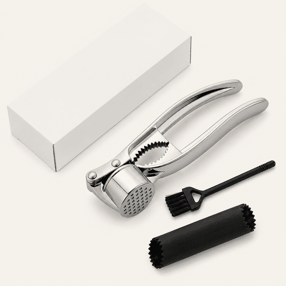 Multi-Purpose Garlic Press Nut Cracker Kitchen Tool, Large Caliber Thickened Zinc Alloy Mincer Squeezer, Precise Holes for Fine Paste, Dishwasher Safe with Peeler & Cleaning Brush (Silver - 3set)