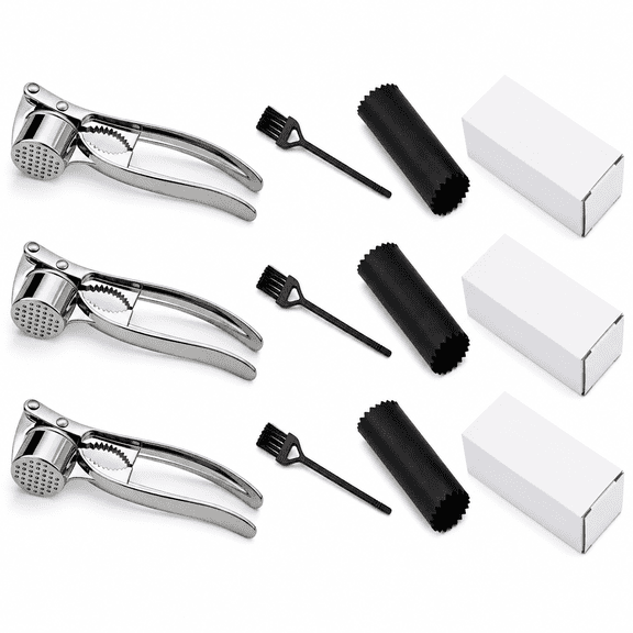 Multi-Purpose Garlic Press Nut Cracker Kitchen Tool, Large Caliber Thickened Zinc Alloy Mincer Squeezer, Precise Holes for Fine Paste, Dishwasher Safe with Peeler & Cleaning Brush