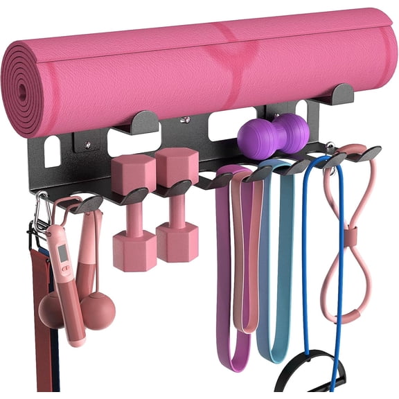 Multi-Purpose Gym Equipment Storage Rack for Resistance Bands - Gym Wall Storage for Exercise Bands, Yoga mat, Jump Ropes, Weight Belts, Straps, Hula Hoop (Black White)