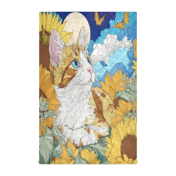Multi-Purpose Kitchen Towels 28x18 Inch Dishcloths with Hanging Loop Decorative and Practical Towels for Kitchen, Dining Cat Lies in The Sunflowers