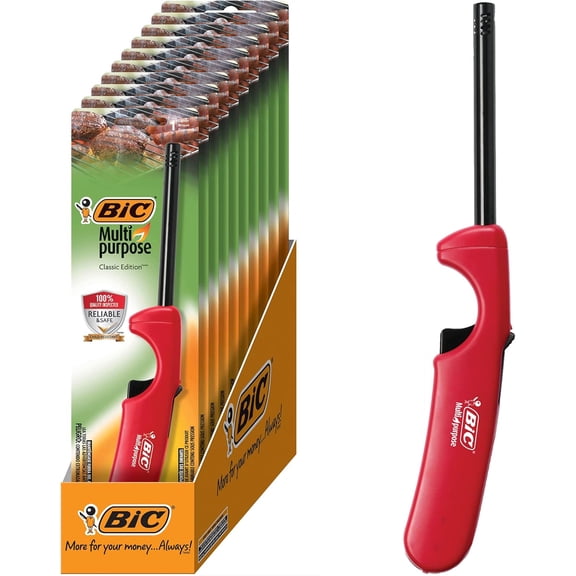 Multi Purpose Lighter with Long Metal Wand, Classic Collection, Great Lighter for Candles, Grills and Fireplaces, 10 Count Pack of Lighters