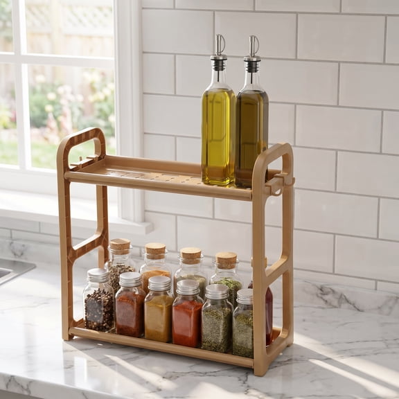 2-Tier Kitchen Counter Shelf, Double-Layer Plastic Condiment Organizer and Storage Rack
