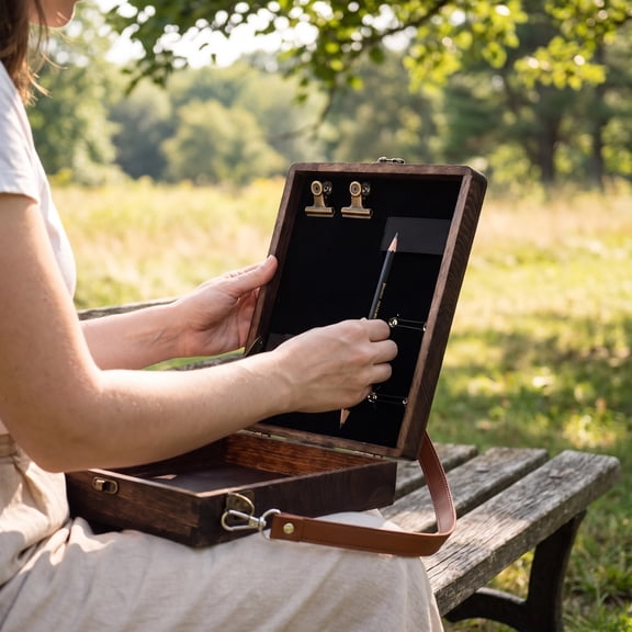 Multi-Purpose Outdoor Stationery Storage Box, Writer Messenger Wood Box, Portable Artist Sketch Pochade Carrier Box, Vintage Wooden Crossbody Case with Shoulder Strap