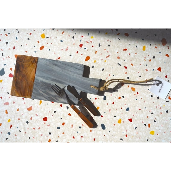 Multi-Purpose Pastry Marble Cutting Board Grey Wood Marble CheeseBoard | Mango Wood | 15" x 6" | Marble Wood Cutting Board | Chopping Board | Food Serving Board