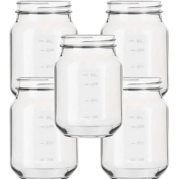 Multi Purpose Plastic Mason Jar, Regular Mouth, Gold Lids, Glass Pudding Jars, Yogurt Jars Ideal for Jam, Honey, Wedding Favors, Shower Favors, Food Grade Materials, Jar of 5, 16 OZ Per Jar