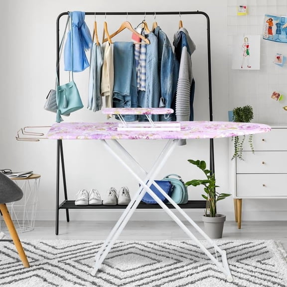 Multi-Purpose Portable Ironing Table, Heavy Duty Collapsible Design with Anti-Slip Adjustable Legs for Glass/Ceramic/Wood Surfaces, Also Use as Laptop Desk or Snack Table - Pink