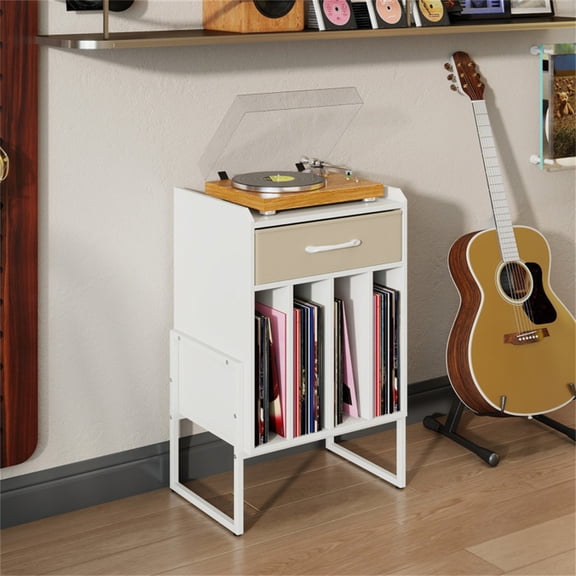 Multi-Purpose Record Player Stand with Drawer and Record Holder bookshelf-White