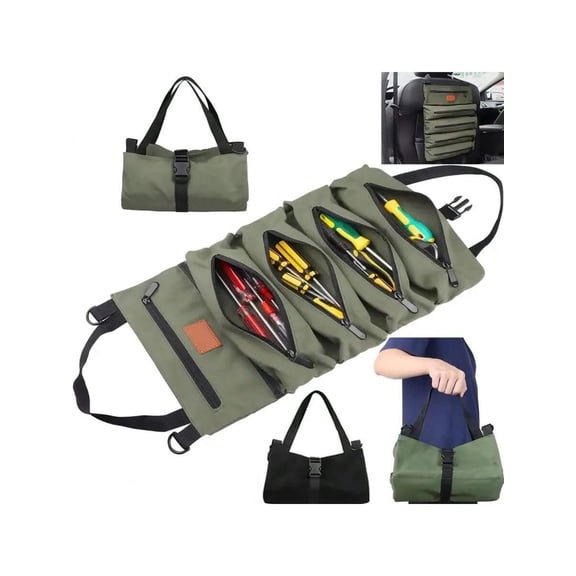 Multi Purpose Roll Up Tool Organizer Bag Compact Durable Fabric Storage Bag With 5 Zippered Pockets For Pliers Vise Grips Screwdrivers Wrenches Sockets,Black