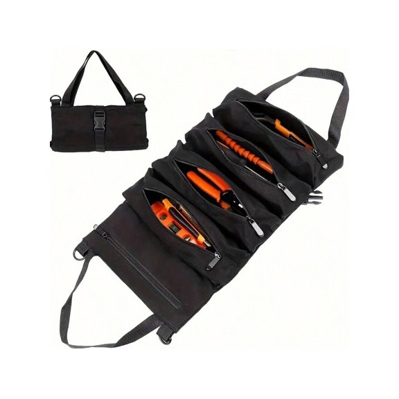 Multi Purpose Roll Up Tool Organizer Bag Compact Durable Fabric Storage Bag With 5 Zippered Pockets For Pliers Vise Grips Screwdrivers Wrenches Sockets,Green