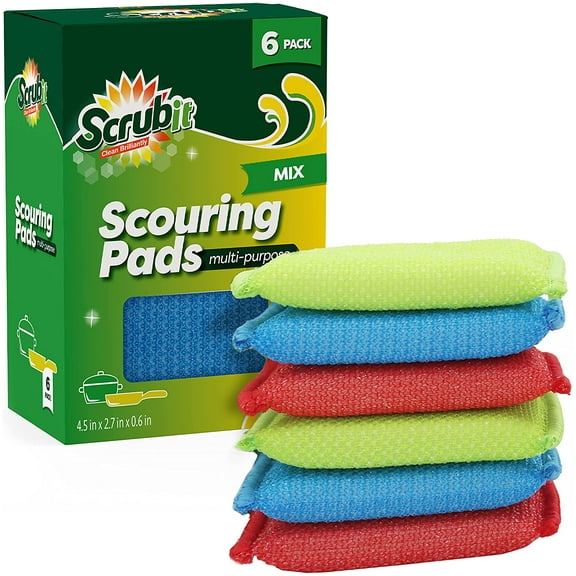 Multi-Purpose Scouring Pad - Non-Scratch Cleaning Sponges for Pots, Pans, Dishes, Utensils & Non-Stick Cookware - Scrubbing Pads Use for Kitchen, Bathroom - 6 Pack Dish Sponge - (Colored)