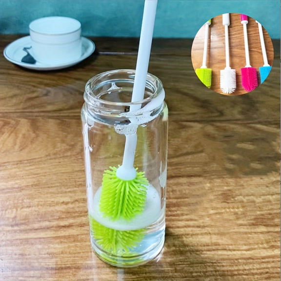 Multi-Purpose Silicone Cup Brush with Long Handle, 360-Degree Rotating Cleaning Brush for Bottles, Cups, and Containers, Reusable Kitchen Cleaning Tool with PC Handle, No Electricity Needed