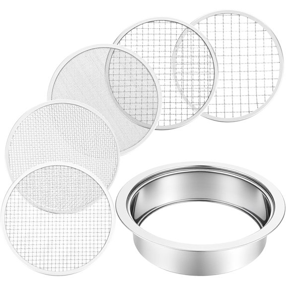 Multi-Purpose Soil Sifter for Gardening Stainless Steel 9.44, 5 Pcs Stainless Steel Soil Sieve Mesh (1,3,6,9,12mm), Stackable Sifting Screen Pan for Bonsai Sand Rock Dirt Compost Sifter