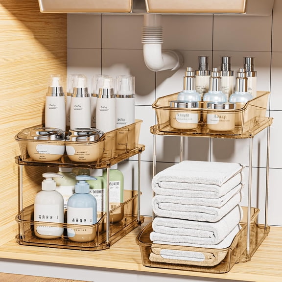 Multi-Purpose Stackable Under Sink Organizers and Pull Out Kitchen Pantry Storage with Dividers (4 Pack, Grey)