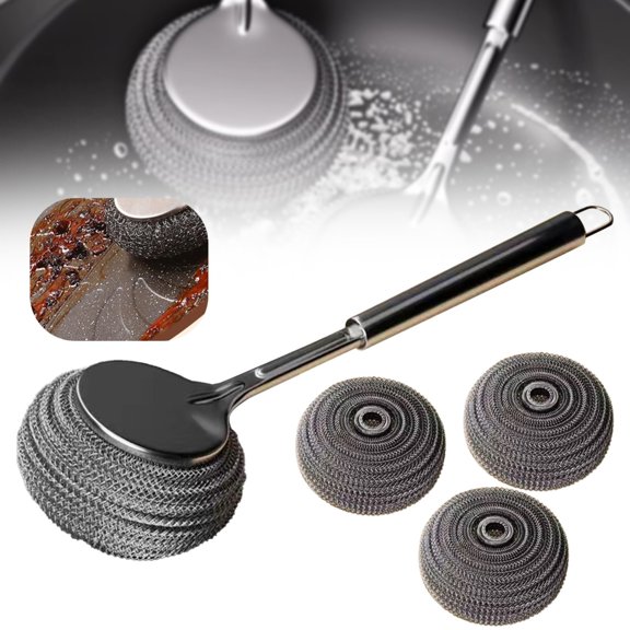 Multi Purpose Stainless Scrub Brush With Handle Non Scratch Dish Brush Scrubber Wool Brush Tool For Kitchens Reusable Scrubbing Scouring Brush Pad For Kitchen Pots,Cleaning Brush
