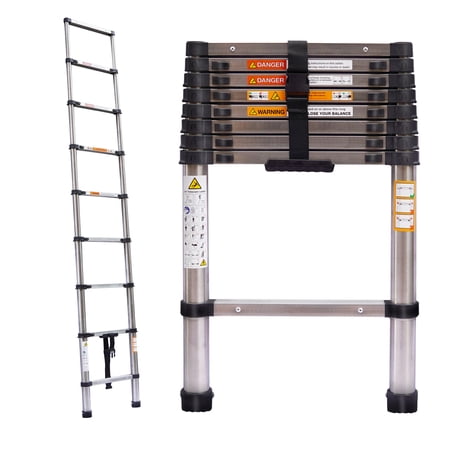 Multi-Purpose Telescoping Ladder 8.5ft, Heavy Duty Strong Stainless Steel Extension Ladder 330lbs Load Capacity, EN131 Certificated, Compact Home Loft Ladder Portable Collapsible Ladder