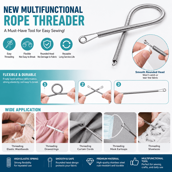 Multi-Purpose Drawstring Threader Tool, Flexible Needle Threader & Loop Turner Sewing Tool for Elastic Bands, Webbing & Sewing Projects