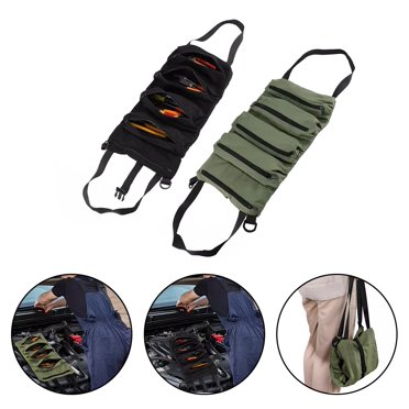 Large Multi-Purpose Canvas Roll Up Tool Pouch – Hanging Wrench Roll With 5 Pockets (Khaki/Army Green/Black)