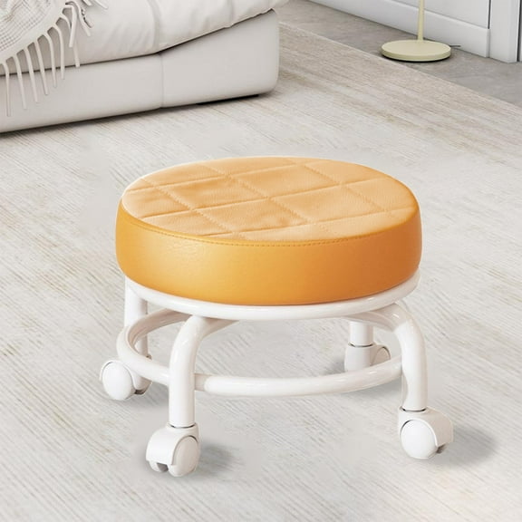 Multi-Purpose Wheeled Stool - Adjustable Seat, Mobile Footrest, 25x25x22cm PU Sponge Top, for Sewing Shoe Changing, Compact Rolling Ottoman, Orange