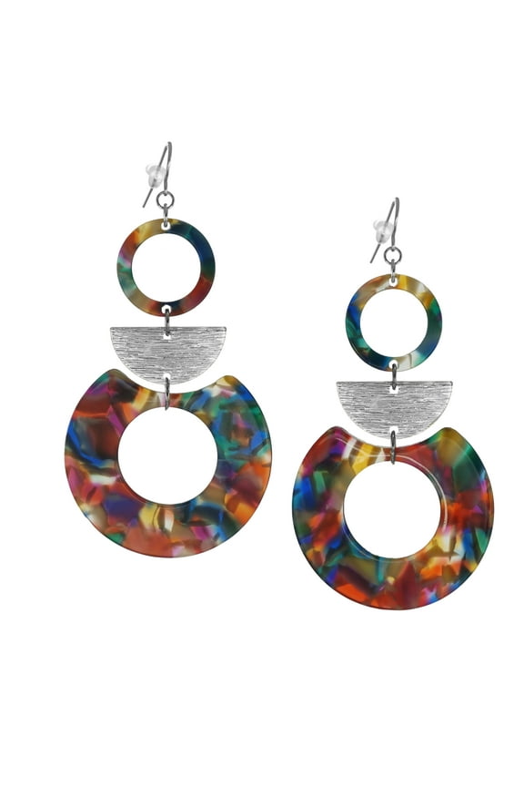 Multi Rainbow Color Acrylic Hoop Boho Statement Earrings, Hypoallergenic Wires, Silver