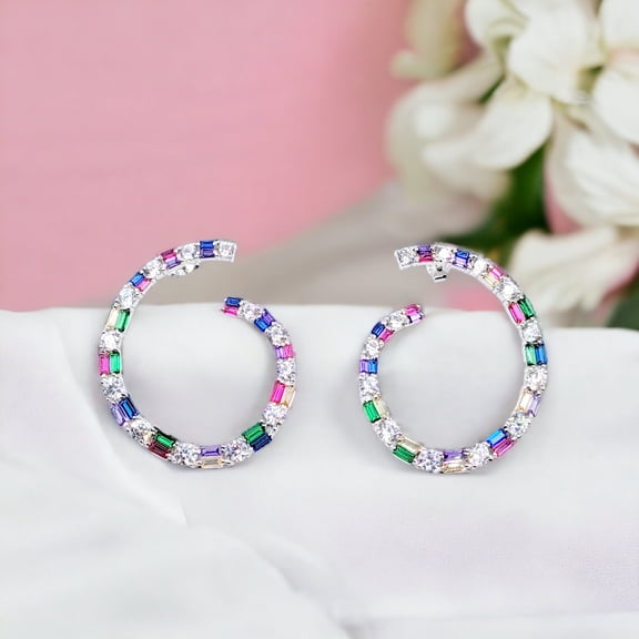 Multi Rainbow Color CZ Twisted Hoop Earrings Multicolor Hoop Minimalist Handmade Gift for Girlfriend-40x33 mm